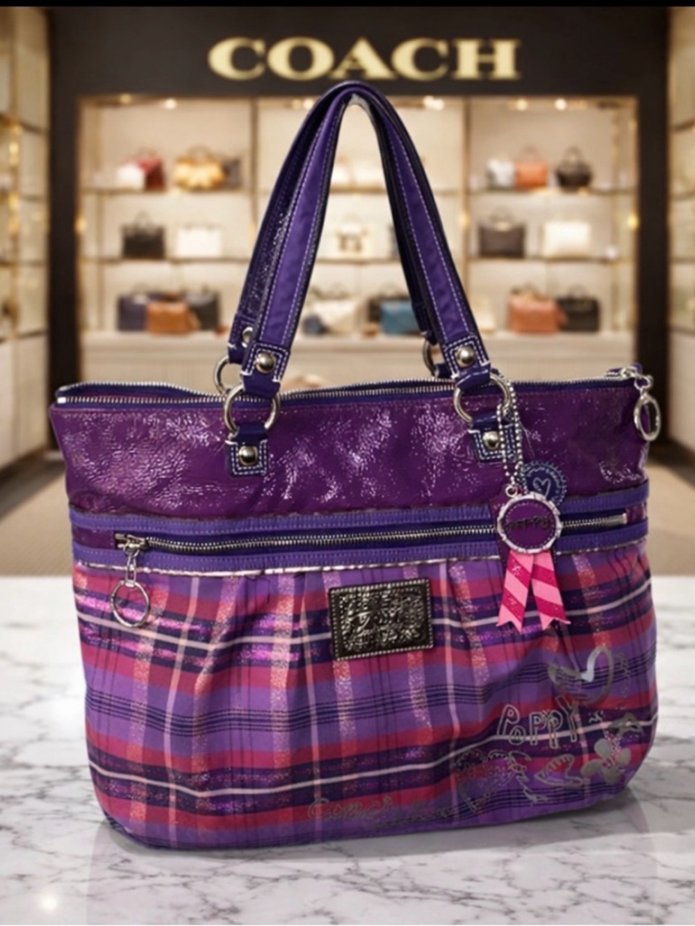 Coach Poppy in Purple Plaid ~ Tote Bag with Pink Accents